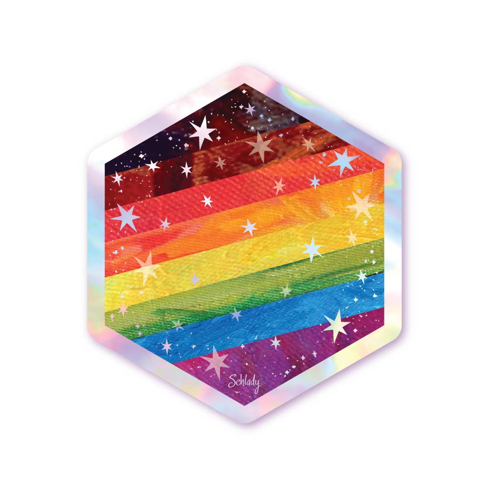 Holographic Hexagon Sticker - Starry Rainbow Pride Flag