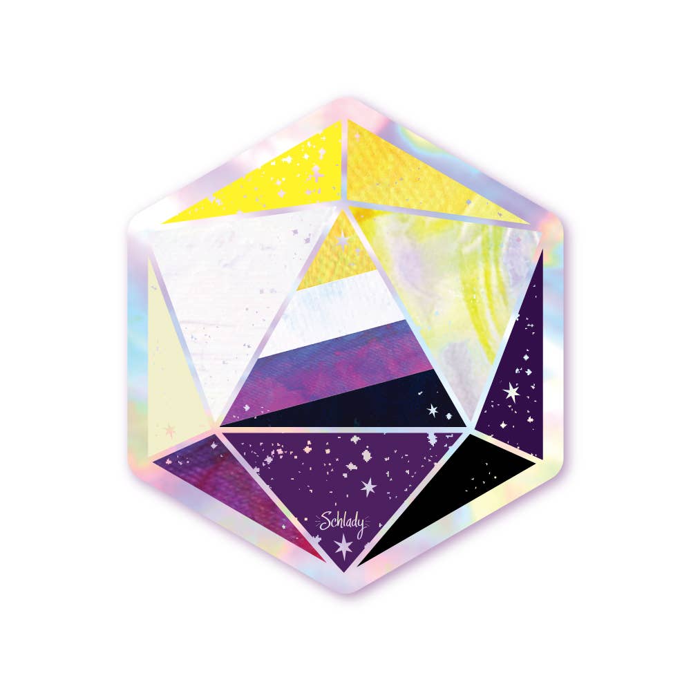 Holographic Hexagon Sticker - Nonbinary Pride D20